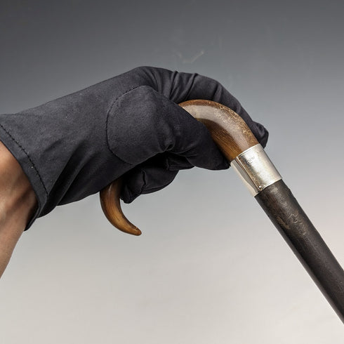 1907 British Antique Men's Cane Horn Handle Sterling Silver Decoration Black Shaft 88cm